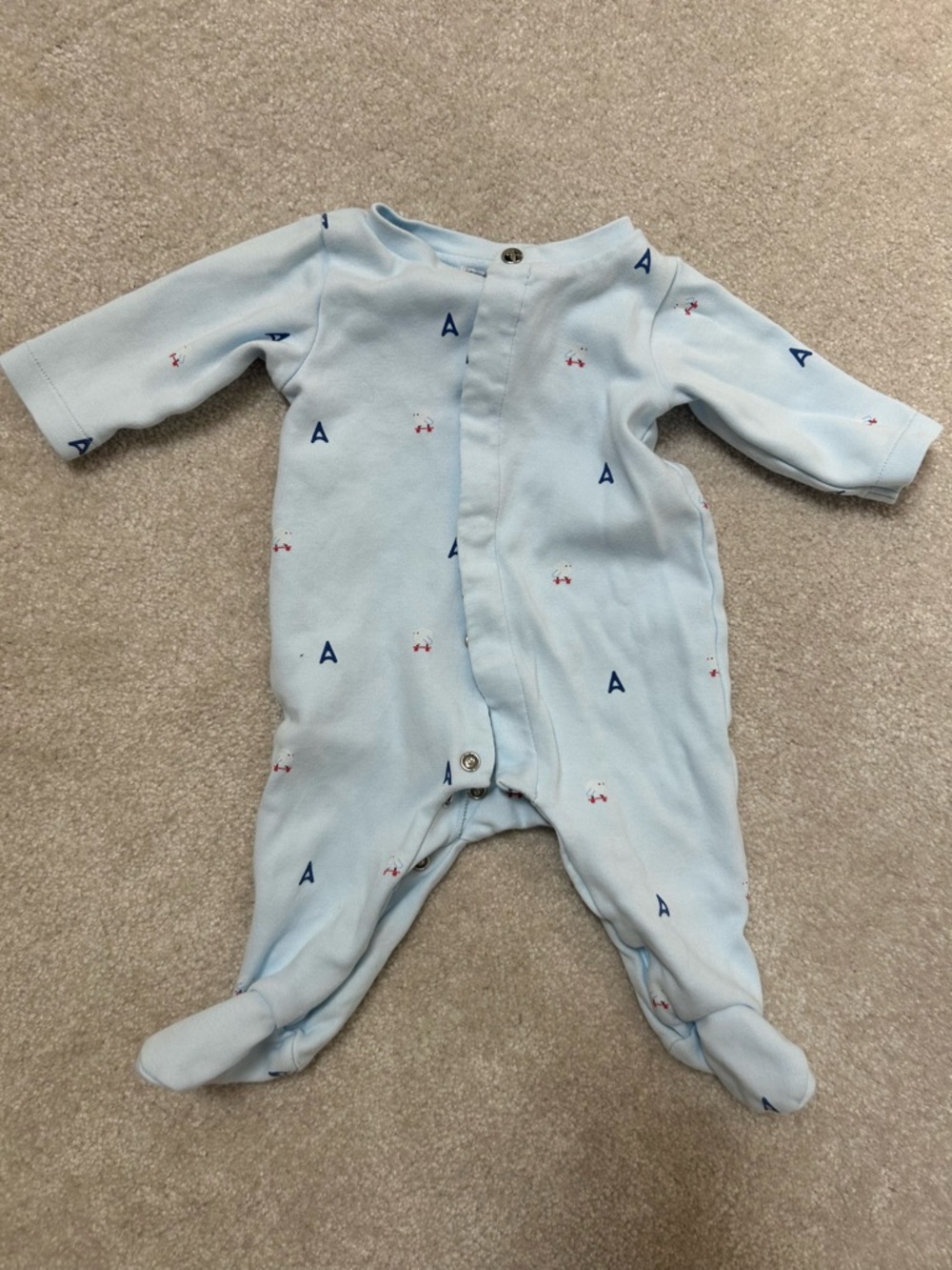 Jacadi Light Blue Footed One-Piece with Navy A and Tiny Red Crab Motif